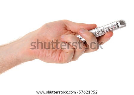 Male hand holding dictaphone. Isolated on white
