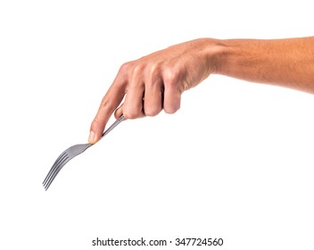 Male Hand Holding A Fork Isolated On A White Background