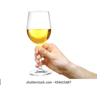 Male Hand Holding Glass Of Wine Isolated On White