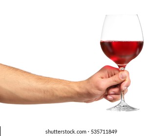 Male Hand Holding Glass With Wine On White Background