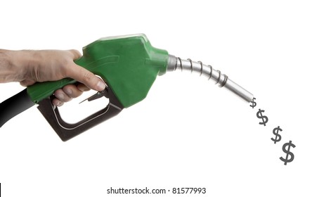 Male Hand Holding Green Gas Pump With Dollar Signs Spilling Isolated On White