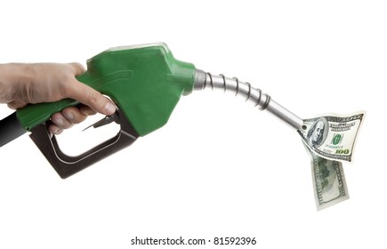 Male Hand Holding Green Gas Pump With Dollar Bills Isolated On White