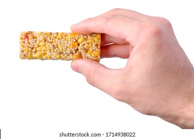 Male Hand Holding Healthy Granola Bar Isolated On White Background