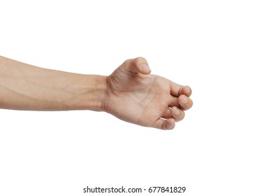 Male Hand Holding Like A Bottle, Card Or Something Else Isolated On A White Background.