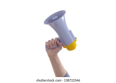 Male Hand Holding Up A Megaphone Or Loud Haler, Side View Isolated On White