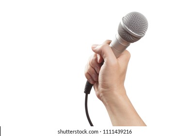 Male Hand Holding A Microphone, Isolated On White Background