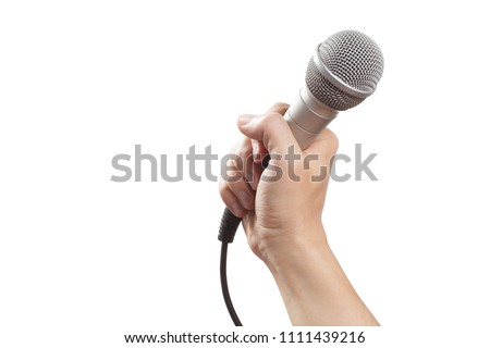 Male hand holding a microphone, isolated on white background