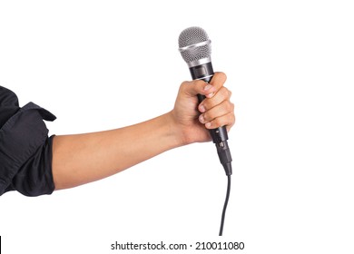 Male hand holding microphone on white background