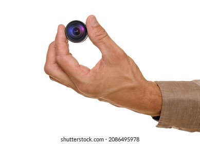 Male Hand Holding Mini Spy Camera Isolated On White Background