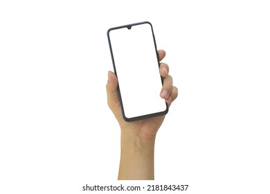 Male hand holding mobile smartphone with blank screen isolated on white background. clipping path include