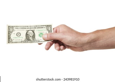 Male Hand Holding One Dollar Bill Isolated On White Background