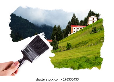 Male Hand Holding Paint Brush And Painting Ayder Plateau In Rize, Turkey.