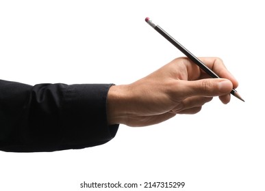 Male Hand Holding Pencil On White Background