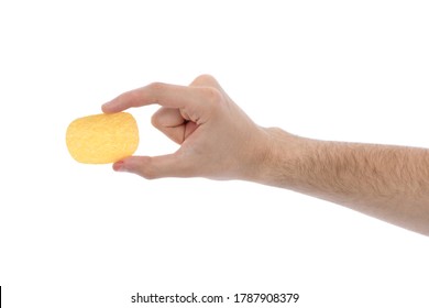 Male Hand Holding Potato Chip. Isolated On White Background. High Resolution Photo. Full Depth Of Field. 