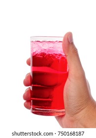 Male Hand Holding Red Cocktail In Glass Isolated On White Background