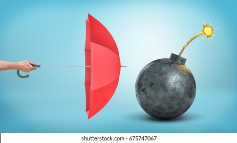 A Male Hand Holding A Red Open Umbrella To Protect From A Giant Round Bomb With A Lit Fuse. Hide From Trouble. Insurance And Safekeeping. Avoid Danger.