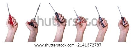 Male hand holding screwdriver isolated on white background. Collage. Multiple image