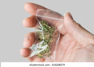 Male Hand Holding Small Bag With Medical Marijuana Isolated On Grey Background