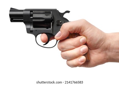 Male Hand Holding Small Black Pistol, Isolated On White Background