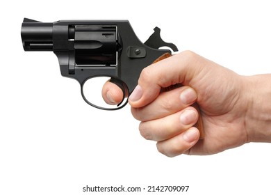 Male Hand Holding Small Black Pistol, Isolated On White Background