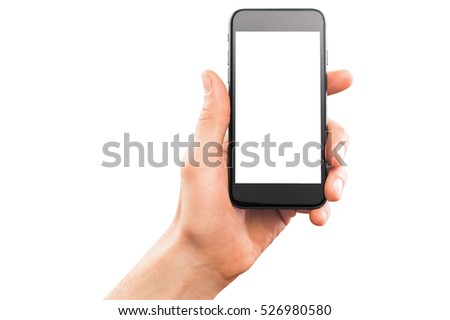Male hand holding smartphone, isolated on white.