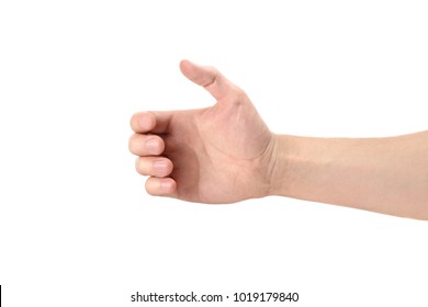 Male hand holding something  isolated white background