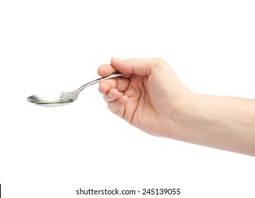 Male Hand Holding A Spoon Filled With Oil, Composition Isolated Over The White Background