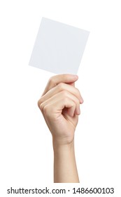 Male hand holding a square blank sheet of paper (ticket, flyer, invitation, coupon, etc.), isolated on white background