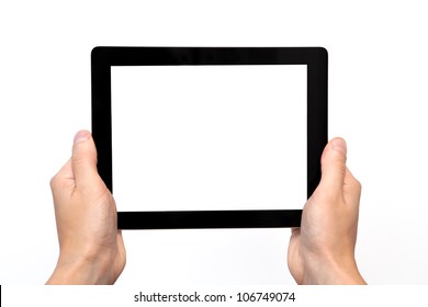 Male Hand Holding A Tablet Touch Computer Gadget With Isolated Screen