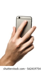 Male Hand Holding And Touching On Mobile Smartphone Show Back Side.