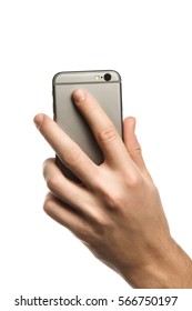 Male Hand Holding And Touching On Mobile Smartphone Show Back Side.