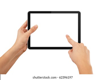 a male hand holding a touchpad pc, one finger touches the screen, isolated on white