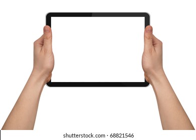 a male hand holding a touchpad pc, isolated on white