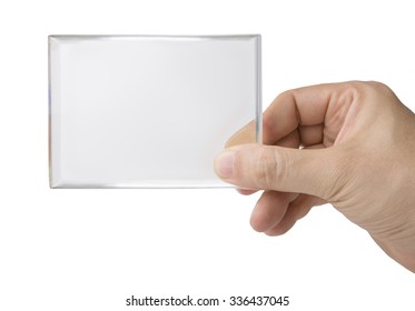 Male Hand Holding Transparent Card On White