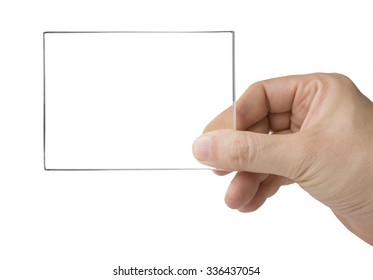 Male Hand Holding Transparent Card On White