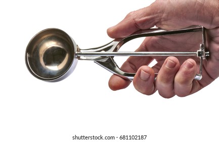 Male Hand Holding A Used Metal Ice Cream Scooper Isolated On White. Clipping Path