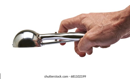 Male Hand Holding A Used Metal Ice Cream Scooper Isolated On White. Clipping Path