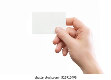 Male Hand Holding White Business Card At Isolated Background Mockup.