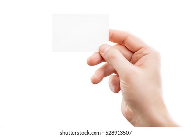 Male Hand Holding White Business Card At Isolated Background Mockup.