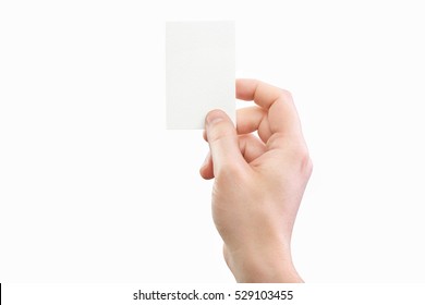 Male Hand Holding White Business Card At Isolated Background Mockup.