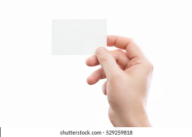 Male Hand Holding White Business Card At Isolated Background Mockup.