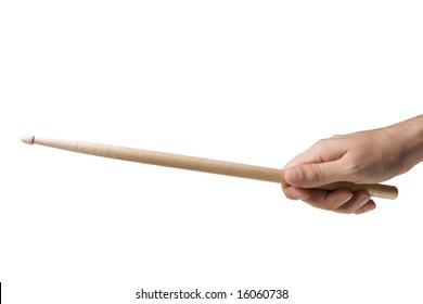 Male Hand Holding Wooden Drumstick Isolated On White With Clipping Path