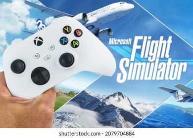 Male Hand Holding A Xbox Series S White Controller With Microsoft Flight Simulator Game Blurred In The Background. Rio De Janeiro, RJ, Brazil. November 2021.