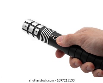 A male hand holds a lightsaber or laser sword isolated on a white background. The hilt of a saber without a colored beam.