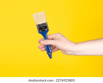 Male hand holds new paintbrush  No face  yellow background  
