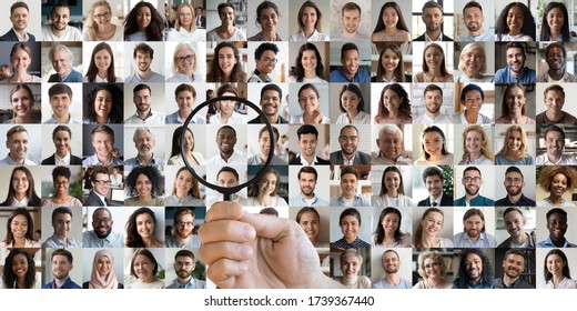 Male hand of hr manager, employer holding magnifying glass choosing finding african job candidate among many multiracial professional people faces collage. Staff recruitment, human resource concept.