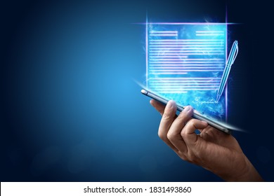 Male hand and modern smartphone hologram contract. Concept for electronic signature, business, remote collaboration, copy space. Mixed media - Shutterstock ID 1831493860