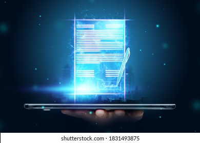 Male hand and modern smartphone hologram contract. Concept for electronic signature, business, remote collaboration, copy space. Mixed media - Shutterstock ID 1831493875