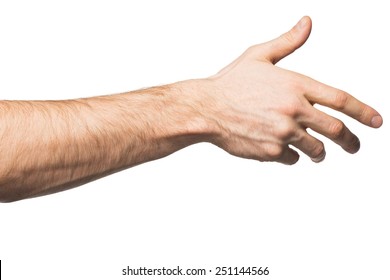 Male hand offering for handshake, over white background