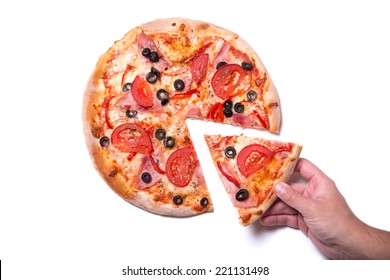 Male Hand Picking Tasty Pizza Slice, Isolated On White Background  